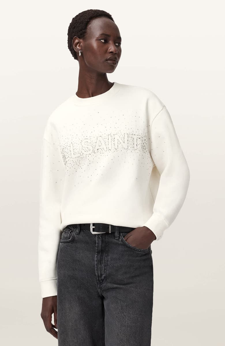 AllSaints Etta Crystal Embellished Fleece Sweatshirt, Alternate, color, White