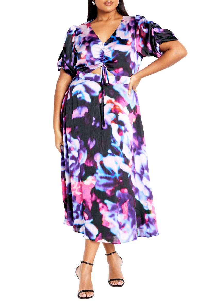 Tayla Ruched Cutout Cocktail Dress, Main, color, NEON PRINT