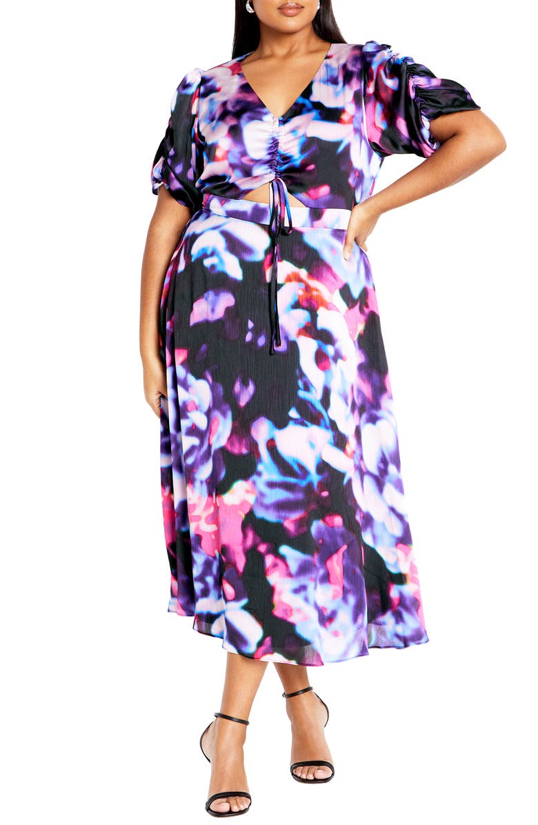 City Chic Tayla Ruched Cutout Cocktail Dress, Main, color, Neon Print
