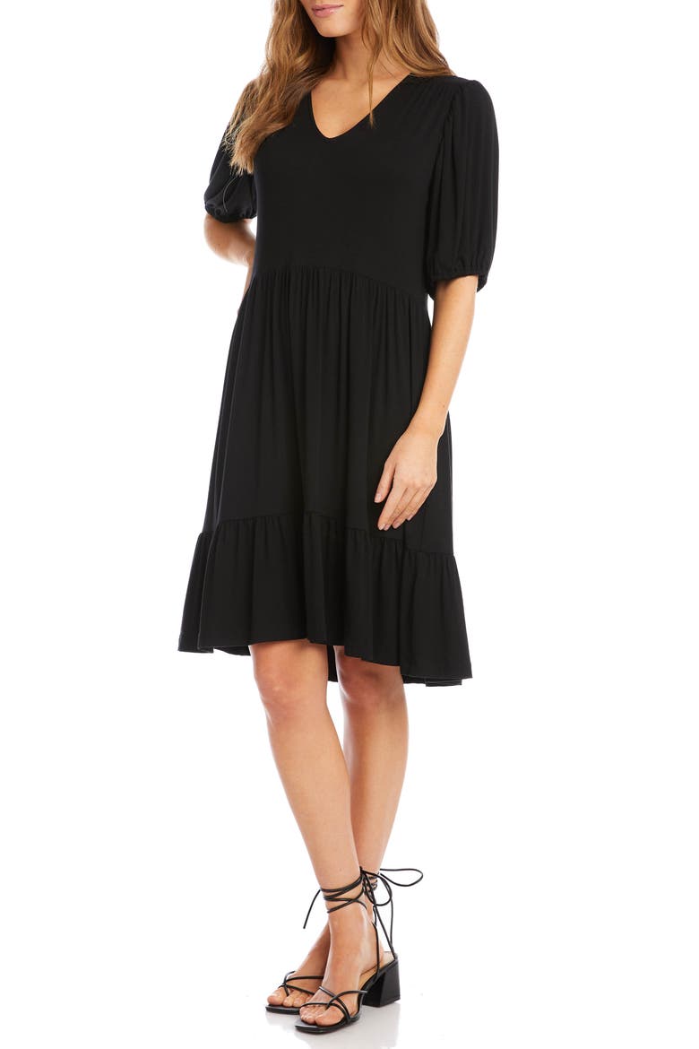 Tiered Puff Sleeve A-Line Dress, Alternate, color, BLACK