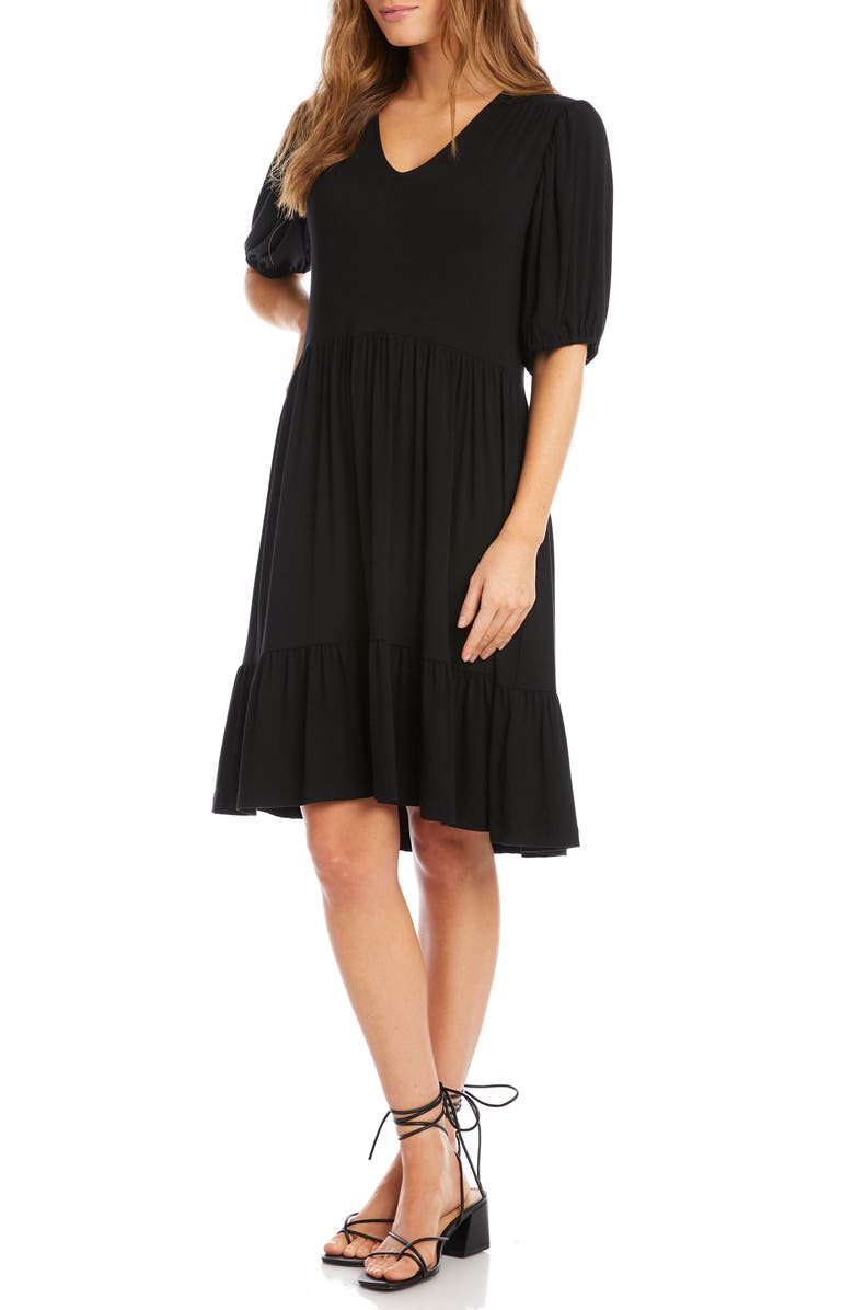 Karen Kane Tiered Puff Sleeve A-Line Dress, Alternate, color, Black