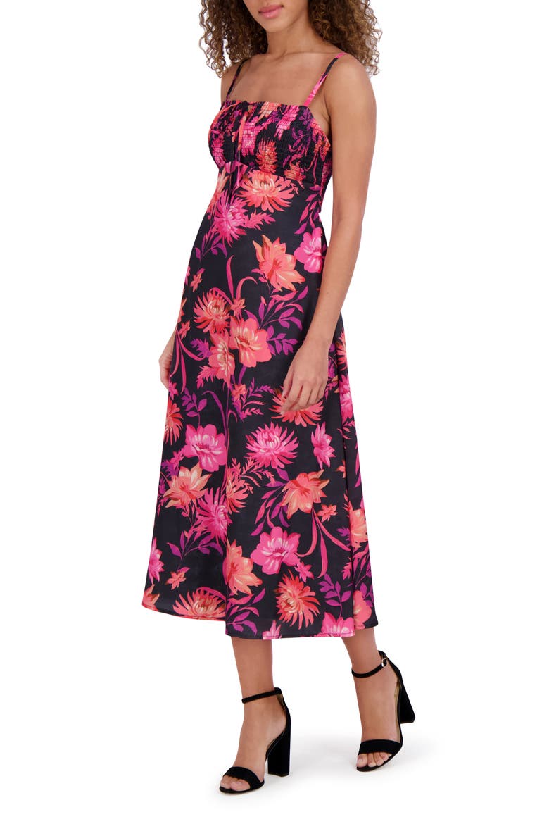 Smocked Bust Midi Sundress, Alternate, color, BLACK MULTI