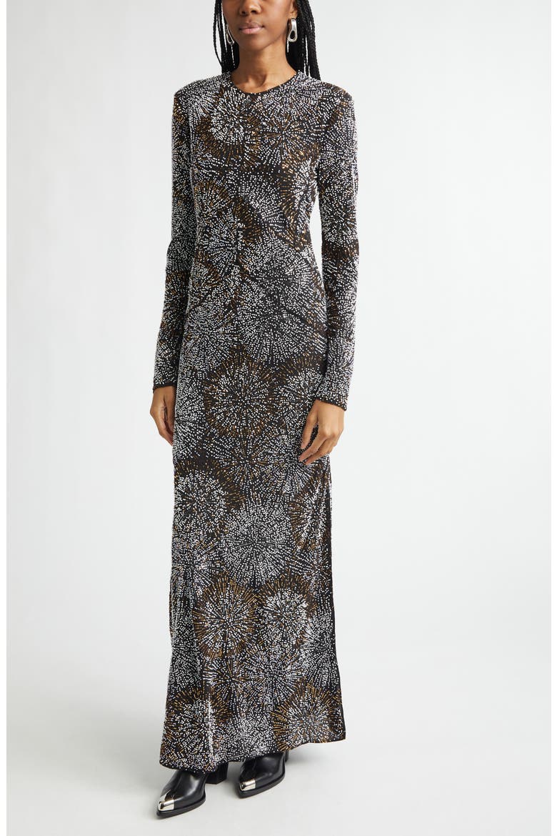 Firework Embellished Long Sleeve Crepe Gown with Detachable Cape, Alternate, color, BLACK