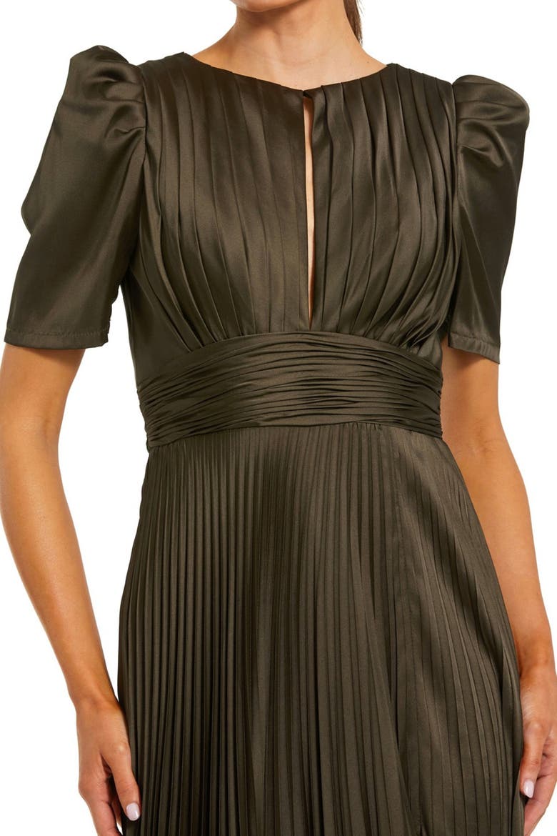 Petite Pleated Charmeuse Keyhole Puff Sleeve Evening Gown, Alternate, color, Olive
