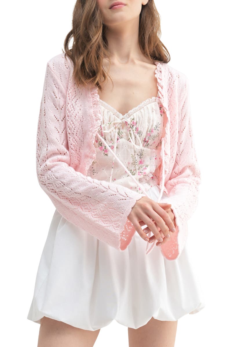 All in Favor Lace Detail Tie Front Cardigan, Main, color, Light Pink