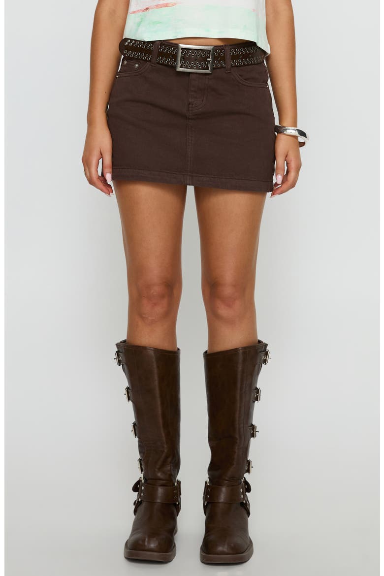 Nickei Mid Rise Denim Miniskirt, Main, color, CHOCOLATE