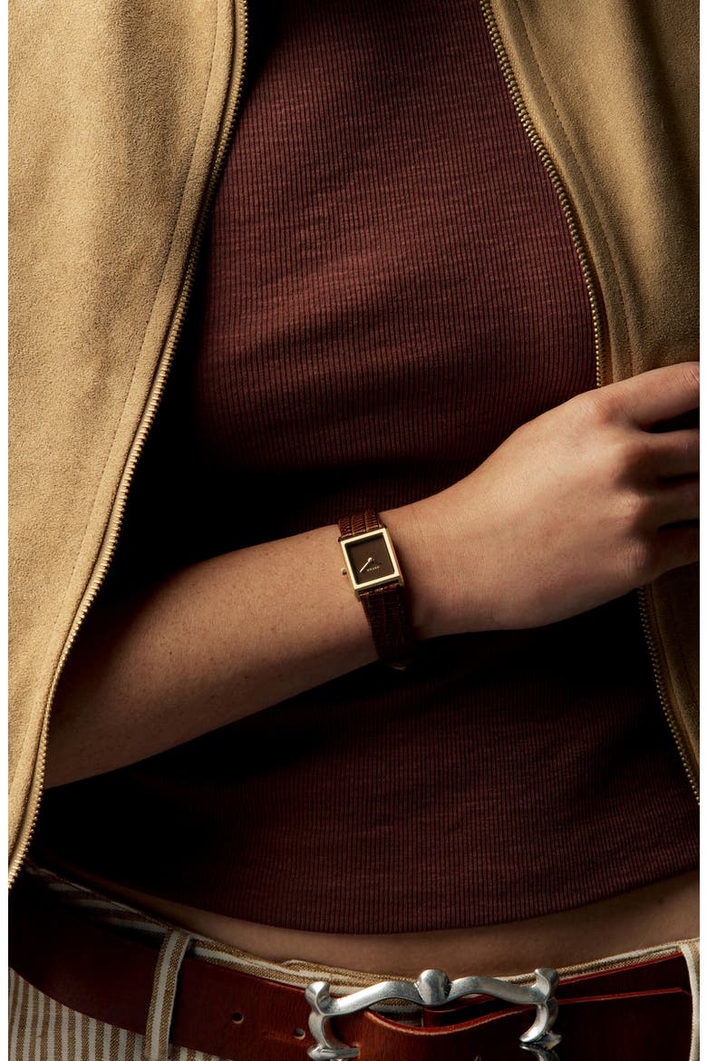 Small Leather Strap Two-Tone Tank Watch, 20mm x 26mm, Alternate, color, GOLD