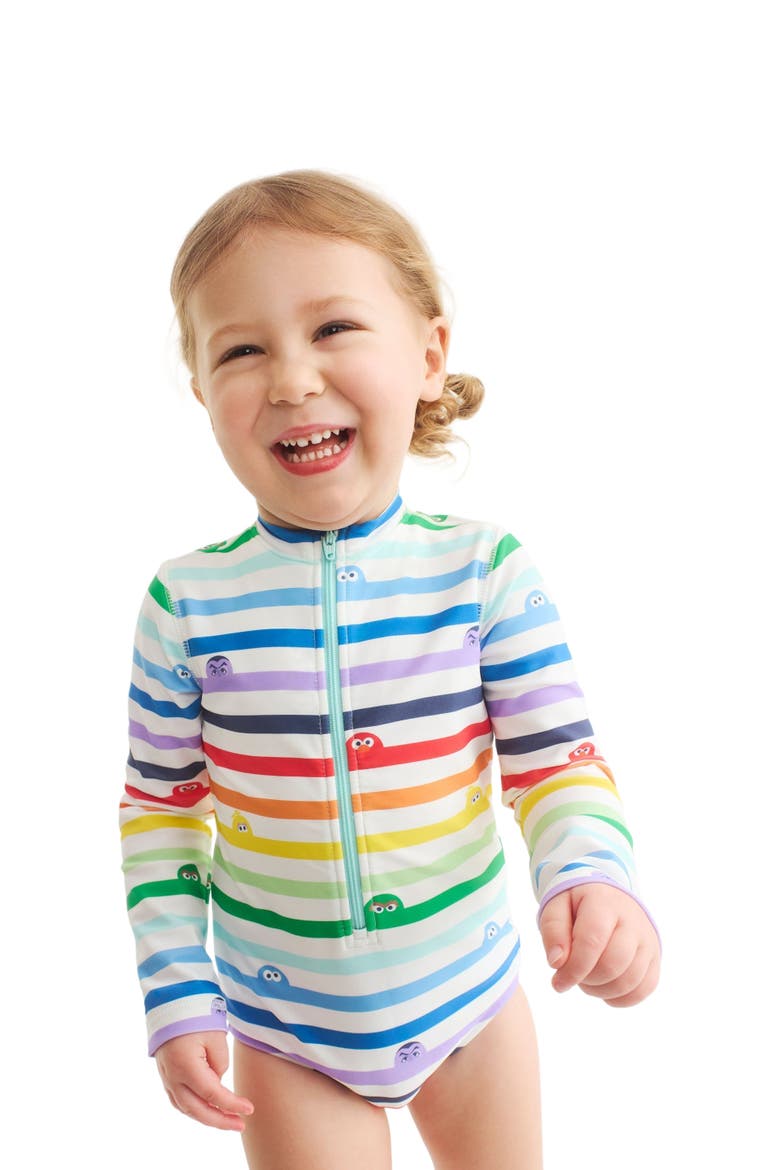 Kids Sesame Street One-Piece Rash Guard, Alternate, color, White Sesame Street Stripes