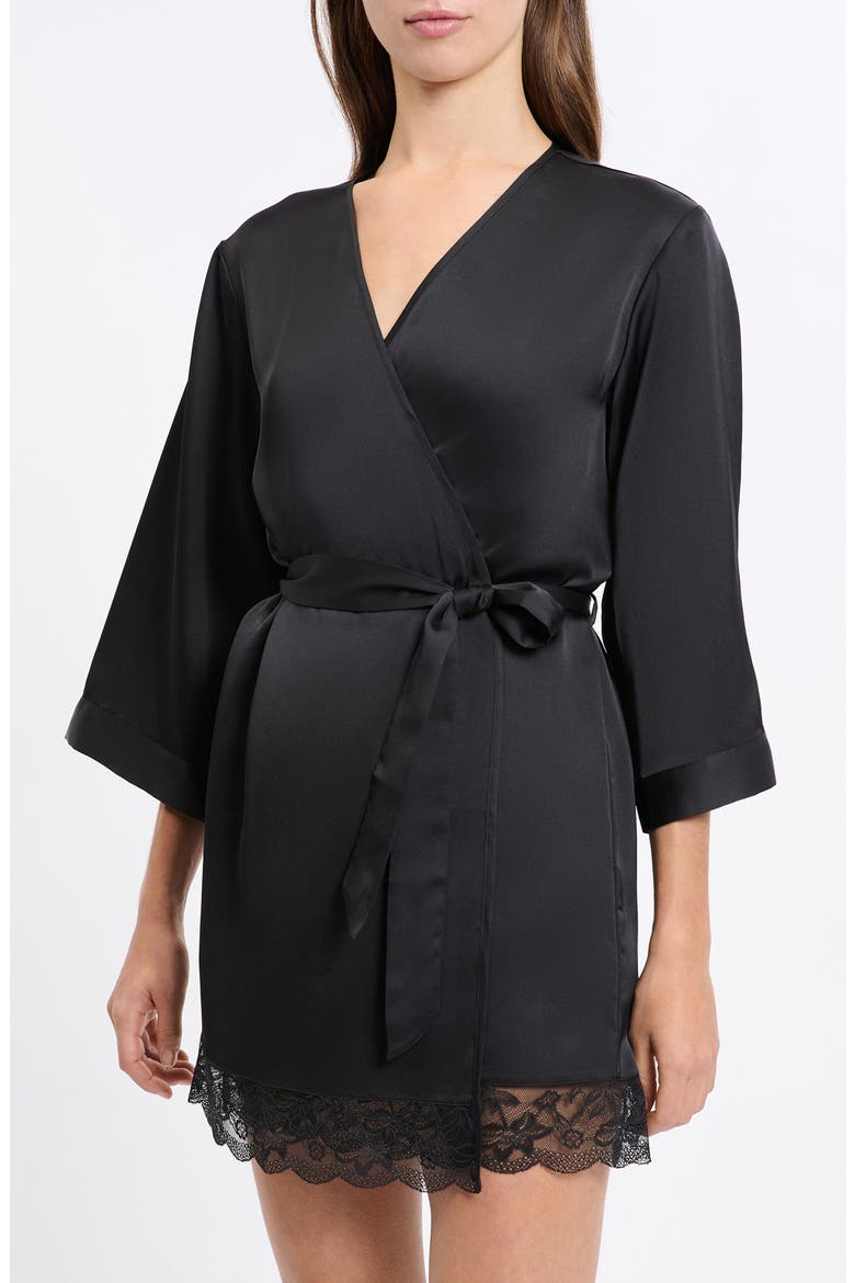 Desire Lace Trim Satin Robe, Main, color, BLACK