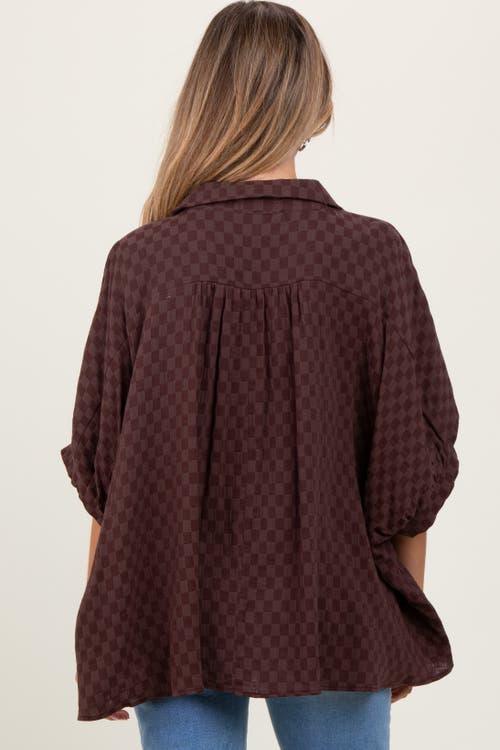 Pinkblush Checker Print Short Sleeve Oversized Blouse In Brown