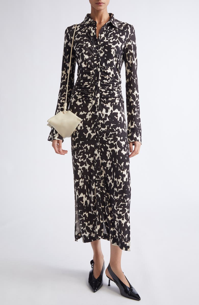 Altuzarra Claudia Print Ruched Long Sleeve Jersey Shirtdress, Main, color, Tapioca Tortoise