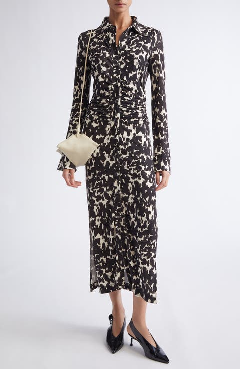 Claudia Print Ruched Long Sleeve Jersey Shirtdress