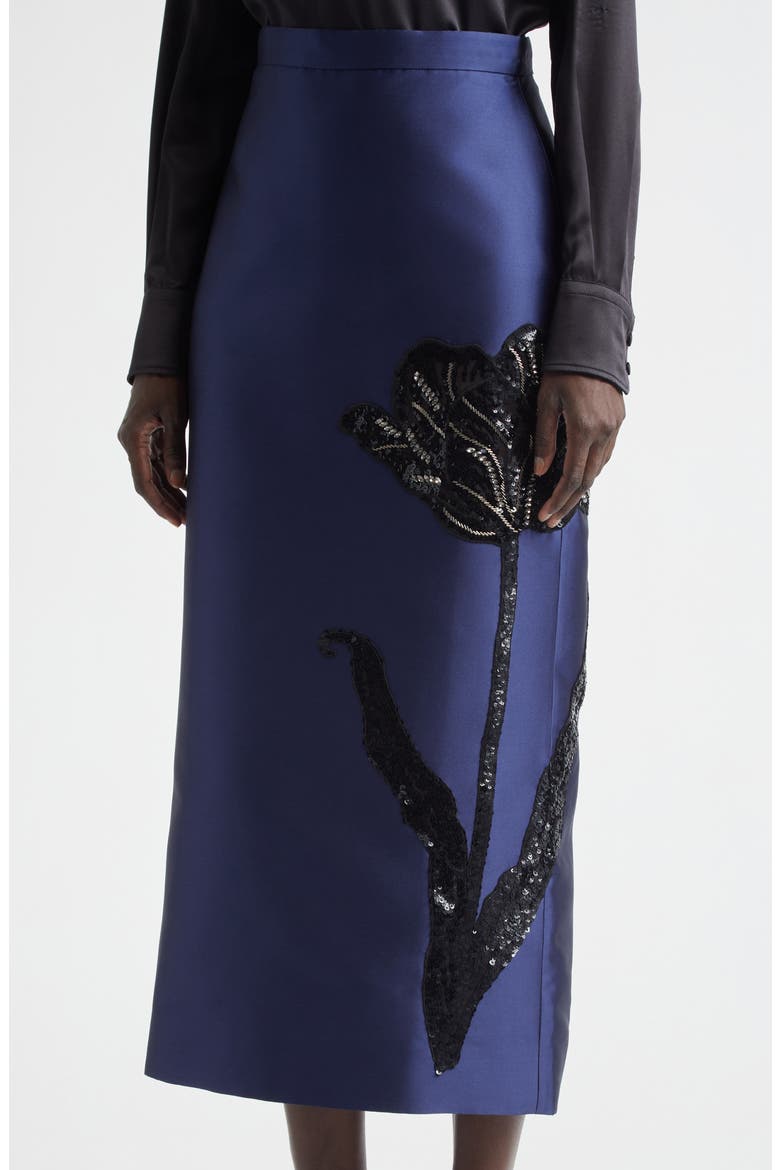 Tulip Embellished Mikado Pencil Skirt, Alternate, color, BEETLE