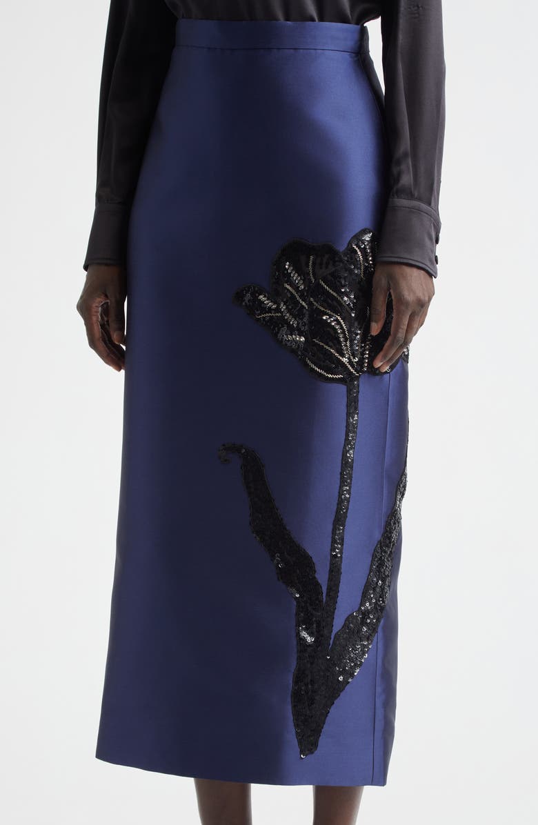 Erdem Tulip Embellished Mikado Pencil Skirt, Alternate, color, Beetle