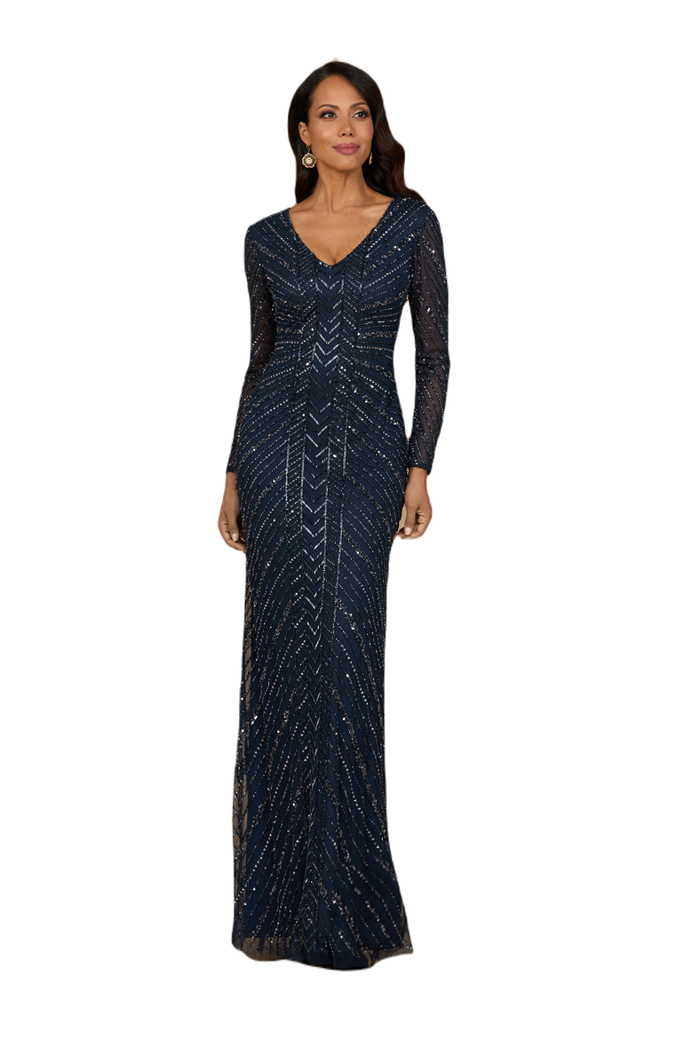 Long Sleeve Beaded Gown, Main, color, Navy