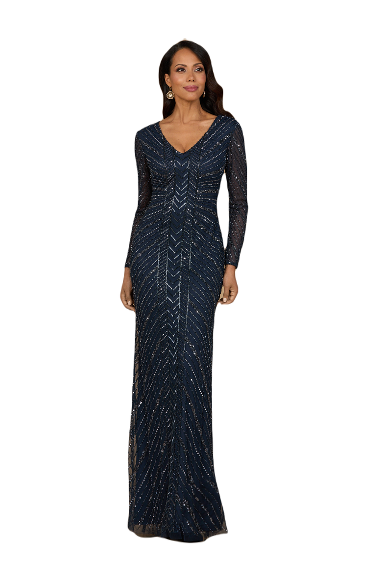LARA New York Long Sleeve Beaded Gown, Main, color, Navy