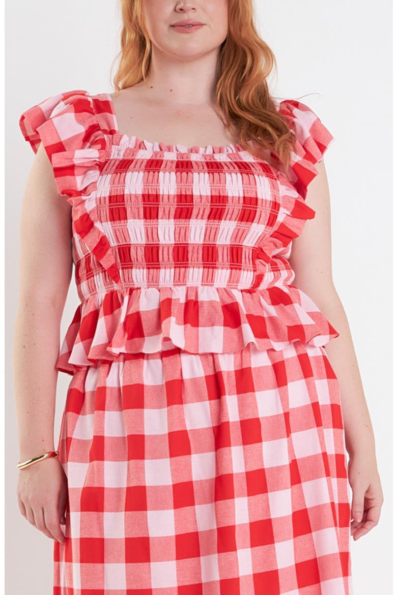 Gingham Smocked Ruffle Crop Top, Main, color, PINK/ RED