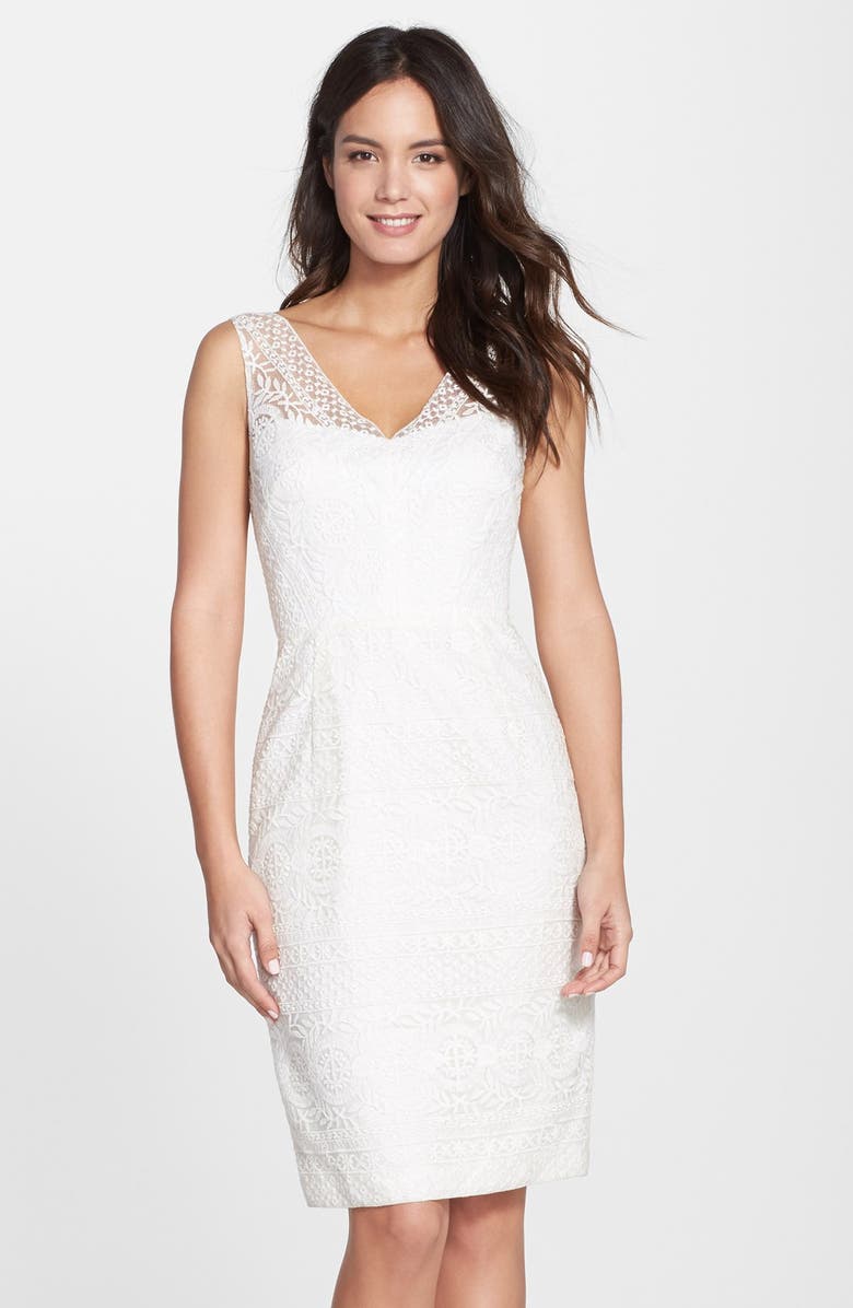 Maggy London Embroidered Mesh V-Neck Sheath Dress, Main, color, 