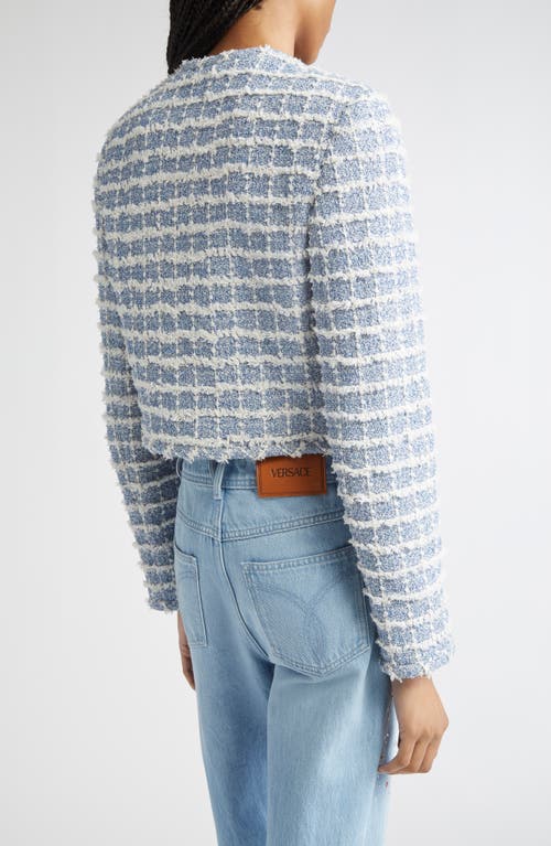 Versace Medusa Cropped Cotton-blend Tweed Jacket In Blue