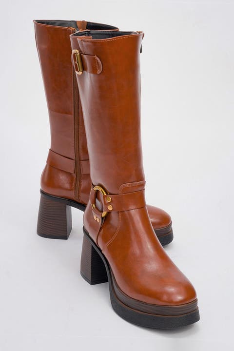 Rock Buckle Zip Block Heel Boot