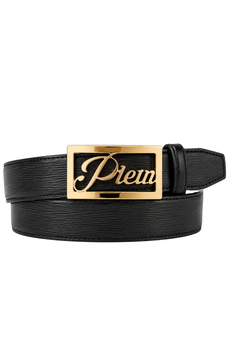 Plein Signature Log Leather Belt Men, Main, color, black/lightgold