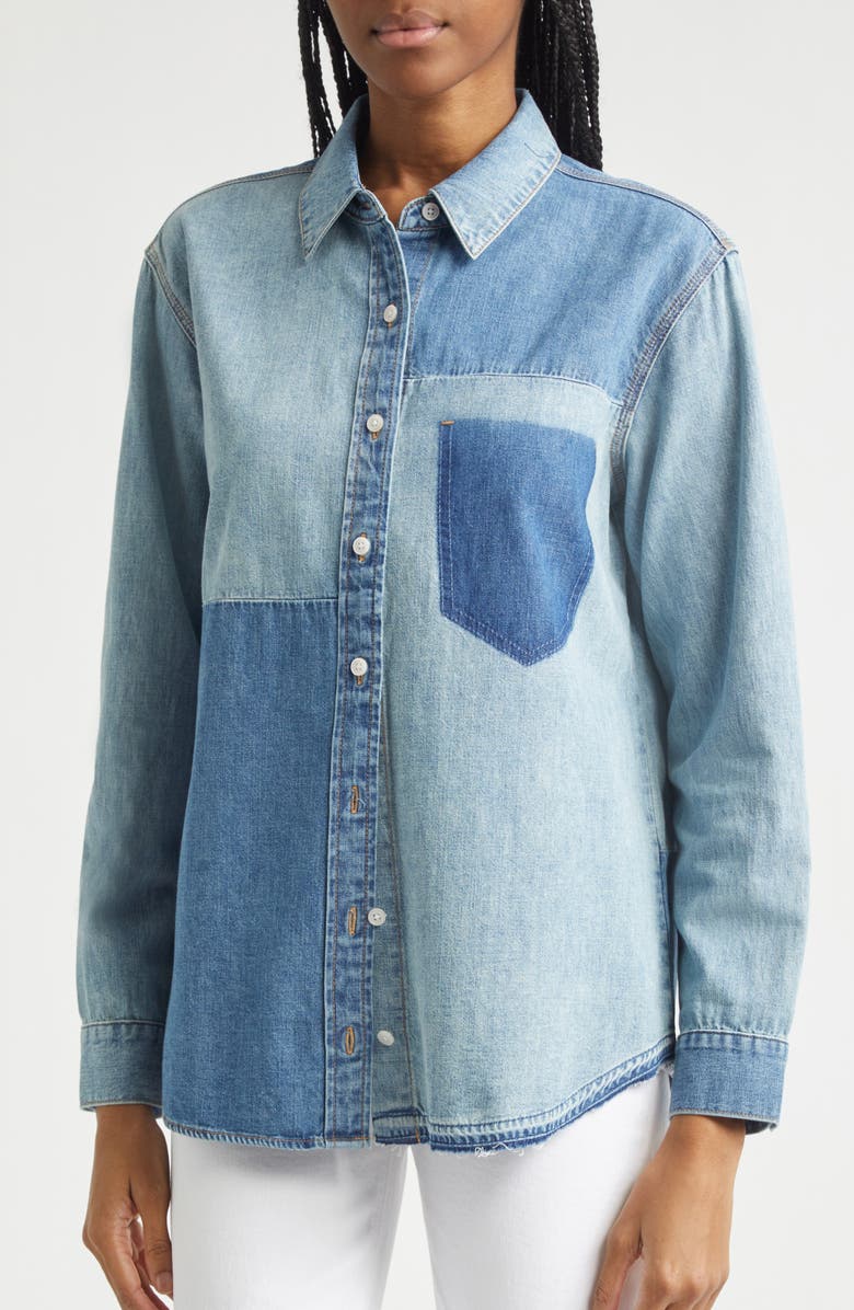 Veronica Beard Dalma Colorblock Denim Button-Up Shirt, Alternate, color, Time Travel