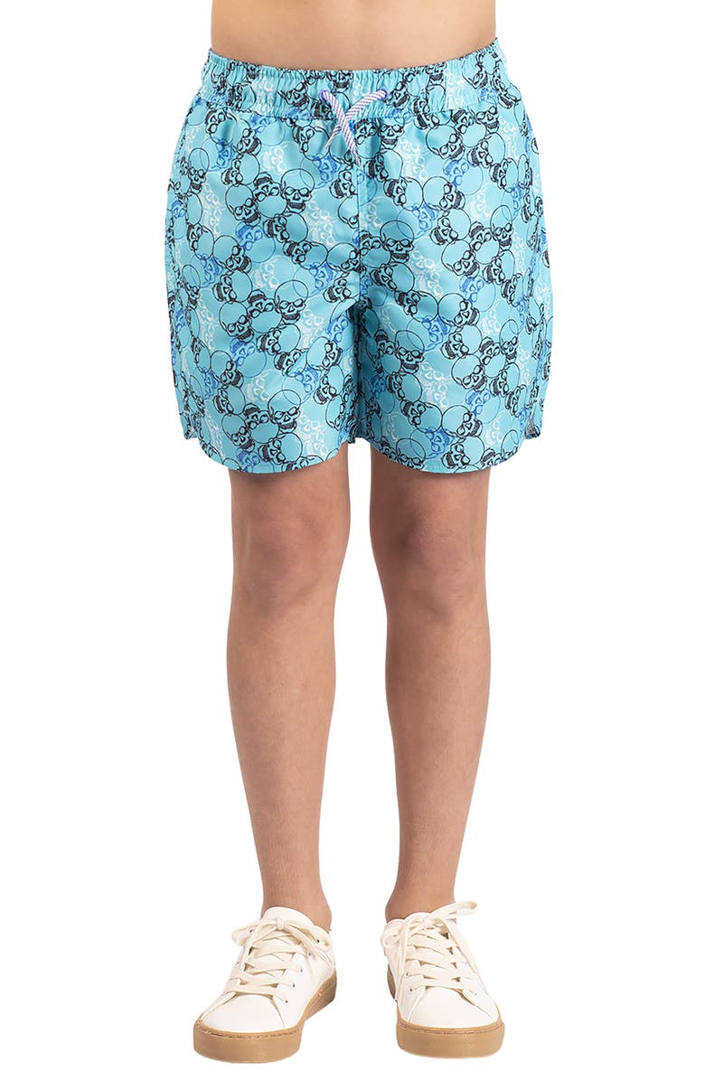 TailorByrd Kids' Skull Print Swim Trunks, Main, color, Bright Teal