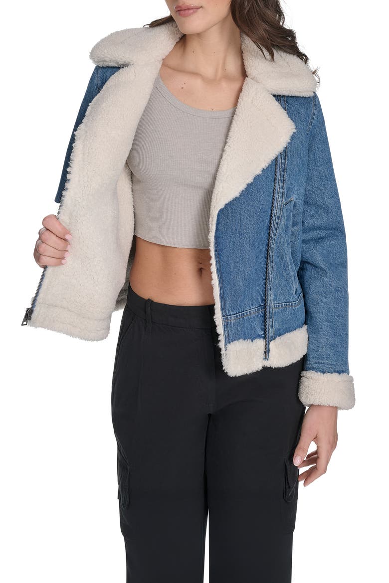 Faux Shearling Lined Denim Moto Jacket, Alternate, color, MEDIUM WASH DENIM