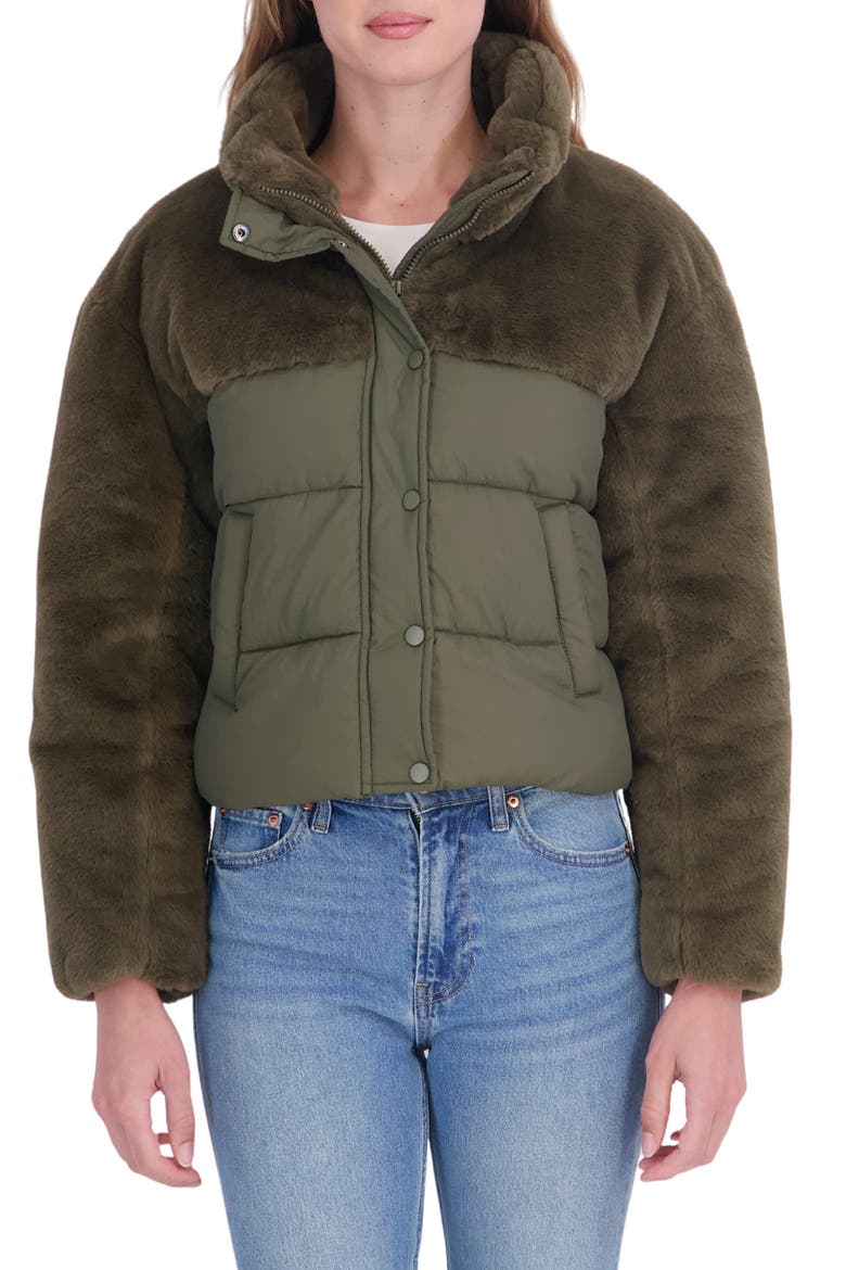 Faux Fur Mixed Media Puffer Jacket, Main, color, OLIVE