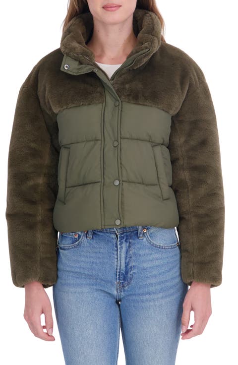 Faux Fur Mixed Media Puffer Jacket