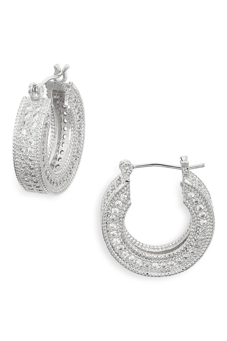 Art Deco Pavé Hoop Earrings, Main, color, SILVER