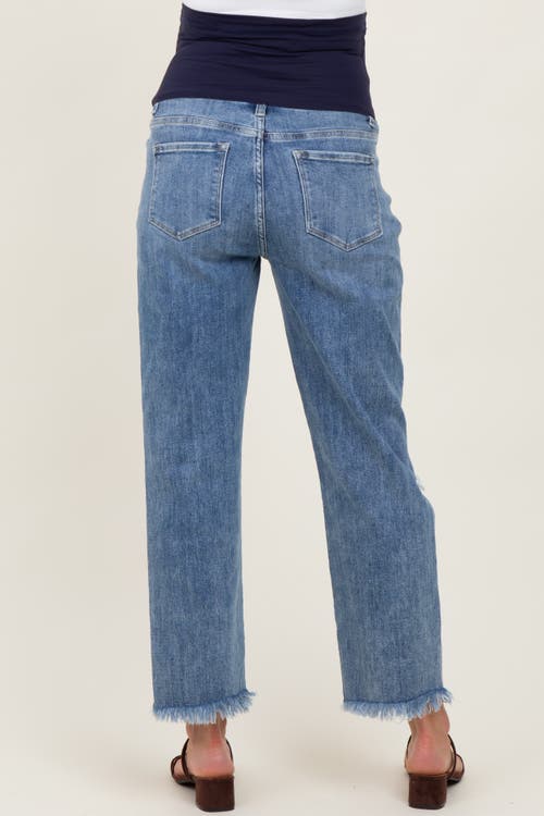 Pinkblush Ripped Knee Fringe Hem Straight Leg Maternity Ankle Jeans In Blue