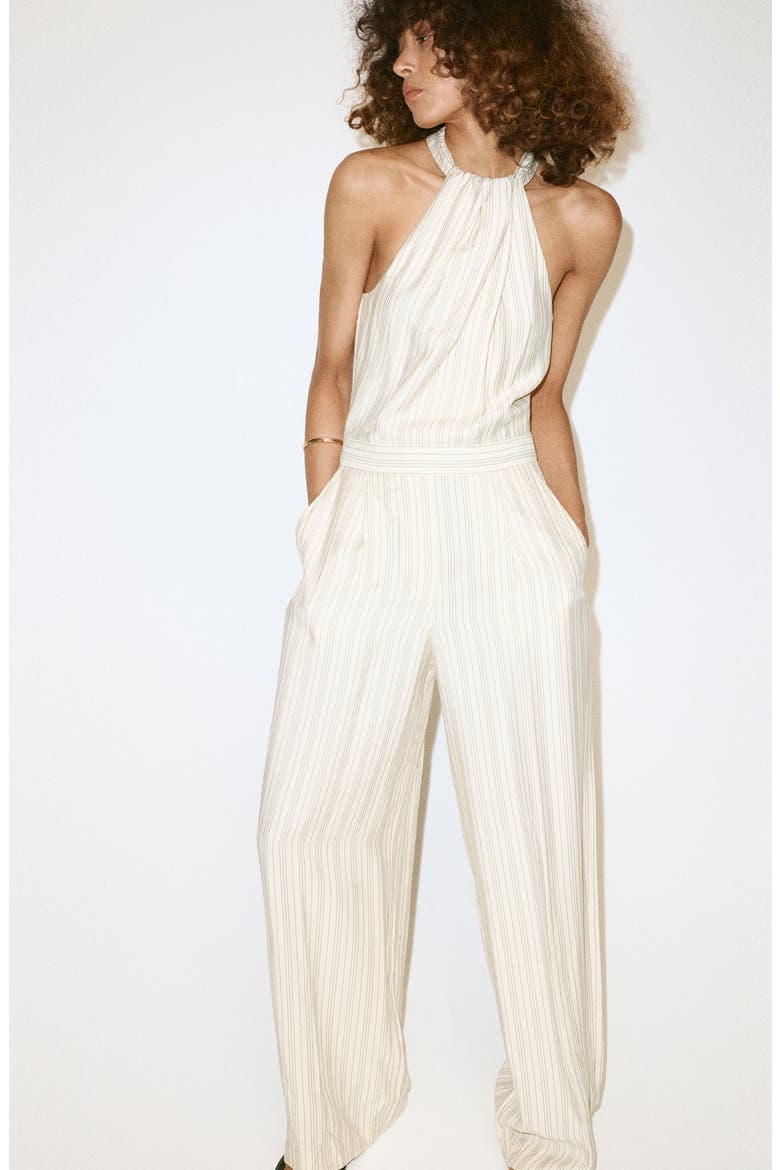 Striped Halter Wide Leg Jumpsuit, Alternate, color, ECRU