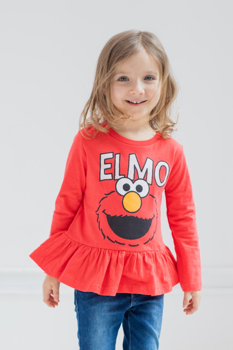 2-Pack Long Sleeve Ruffle T-Shirts, Alternate, color, Elmo Red Purple