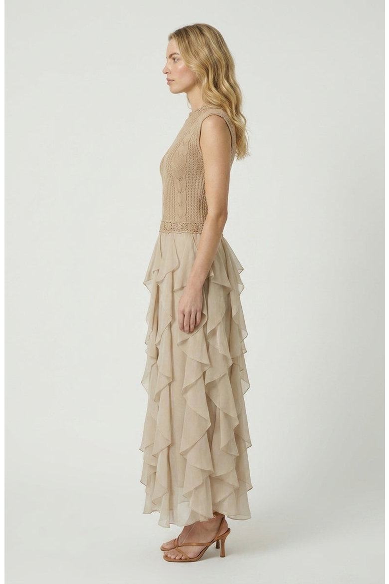 Sleeveless Knit Dress with Crochet Detail and Layered Chiffon Ruffle Skirt, Alternate, color, Tan