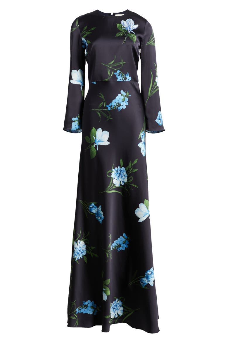 Alex Sequin Floral Long Sleeve Satin Crepe Gown, Alternate, color, NIGHT SKY BLUE OCULATA