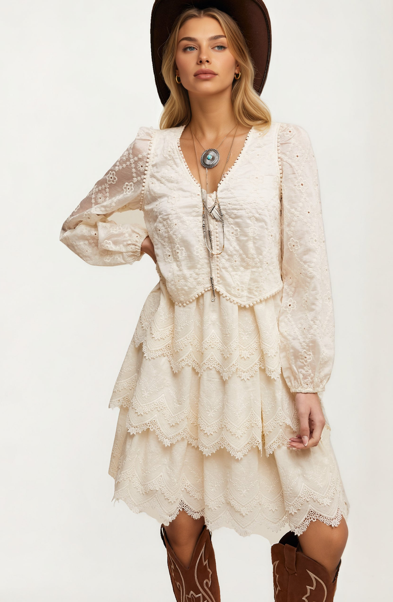 Knit and Lounge Tiered Scalloped Hem Long Sleeve Lace Dress, Main, color,