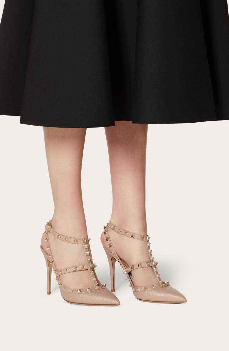 Valentino Garavani Rockstud Ankle Strap Pointed Toe Pump, Alternate, color, Poudre