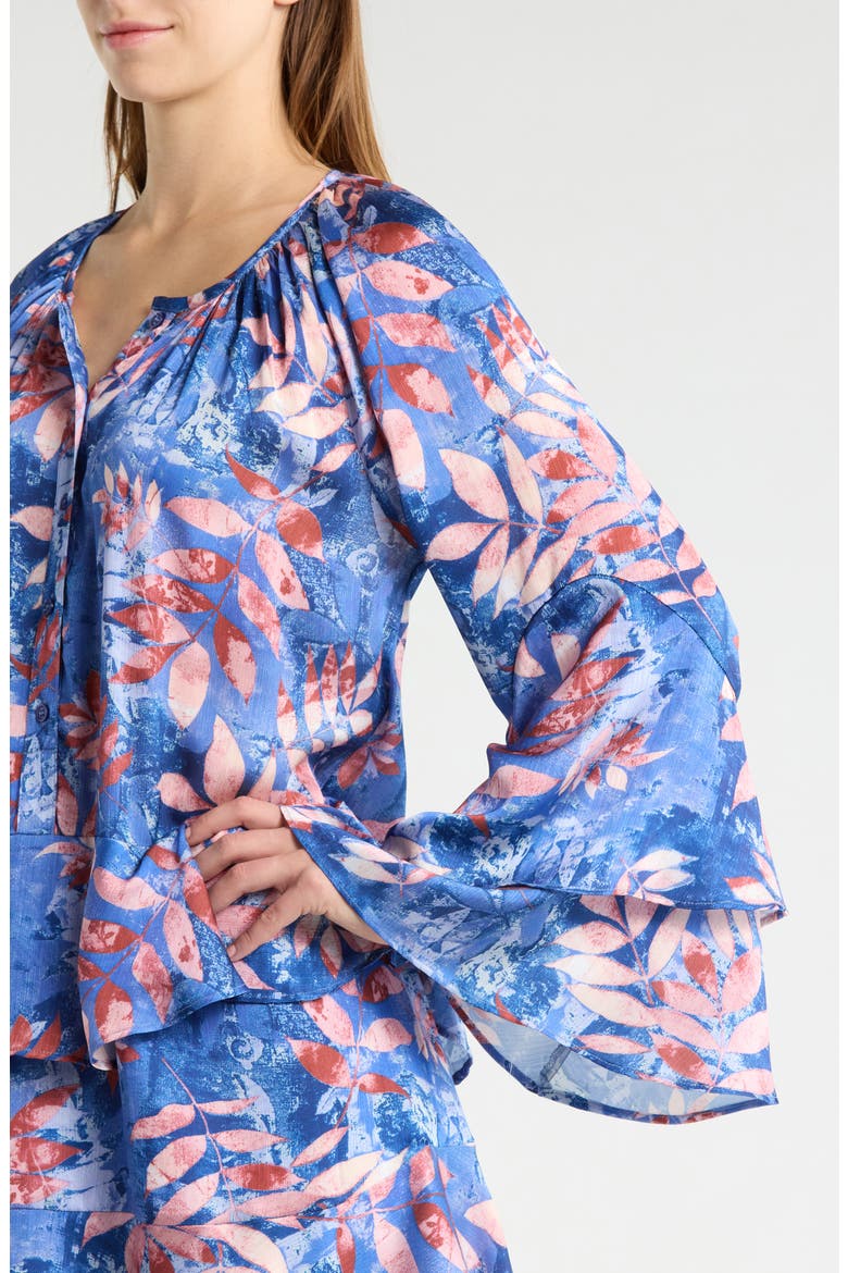 Leaf Print Long Sleeve Dress, Alternate, color, BLUE/ BLUSH LEAF