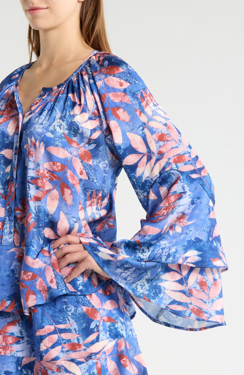 MELLODAY Leaf Print Long Sleeve Dress, Alternate, color, Blue/ Blush Leaf