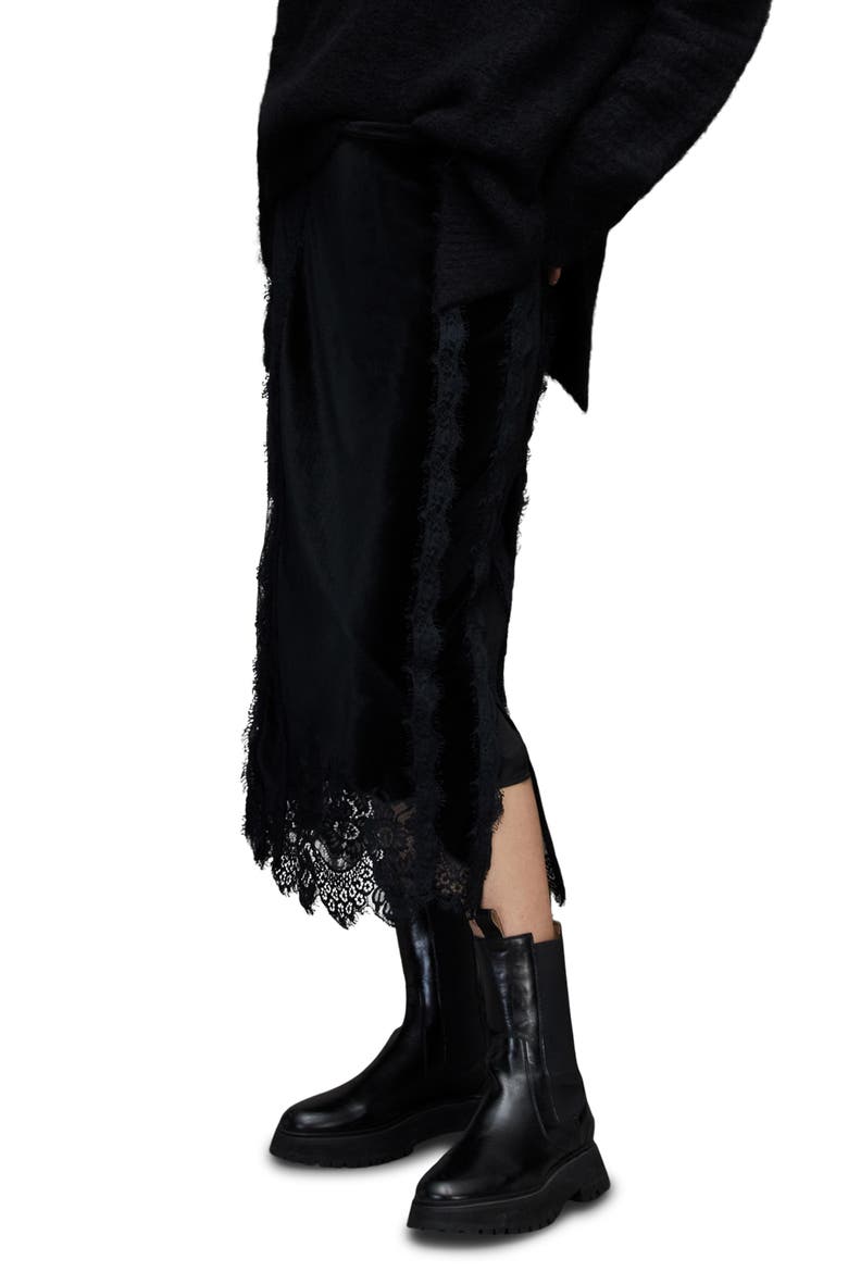 Mila Lace Trim Velvet Midi Skirt, Alternate, color, BLACK