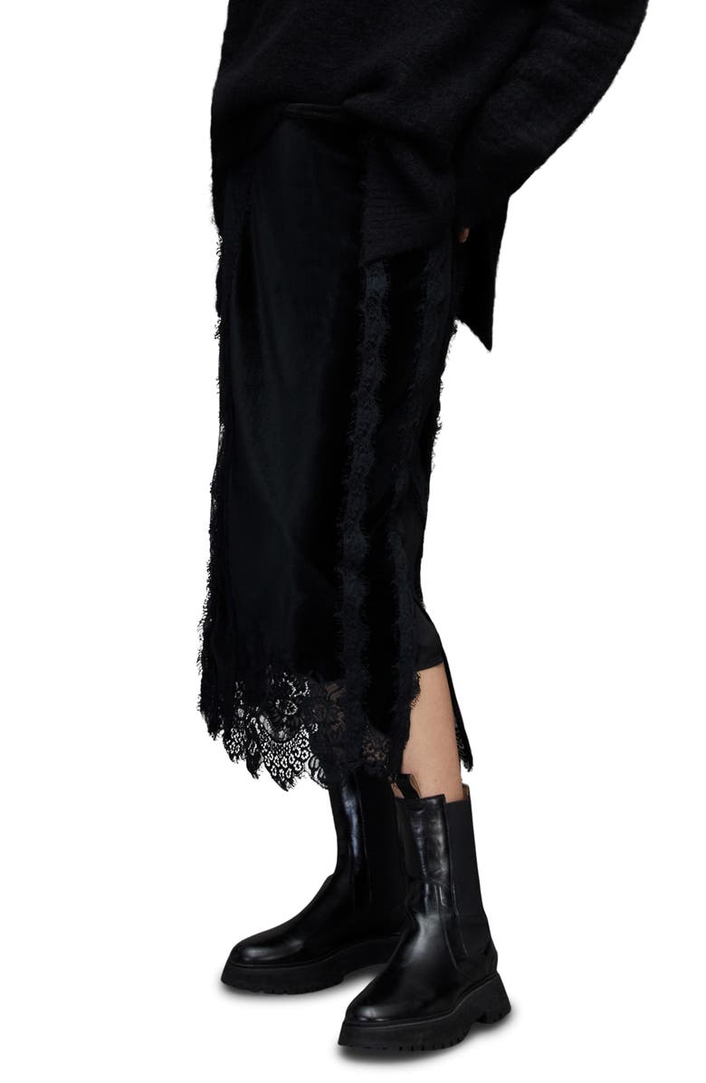 AllSaints Mila Lace Trim Velvet Midi Skirt, Alternate, color,