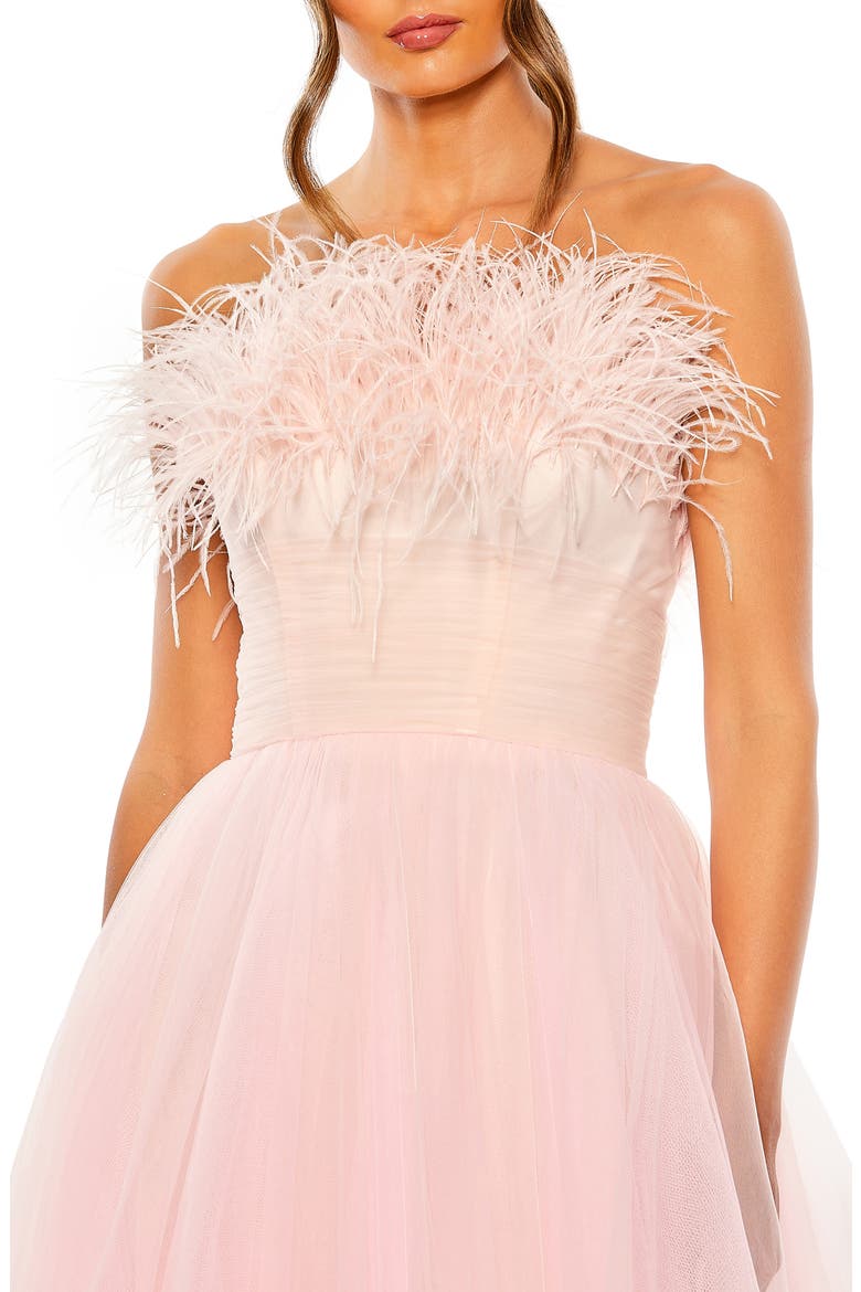Strapless Feather Hem Tulle Gown, Alternate, color, PINK OMBRE
