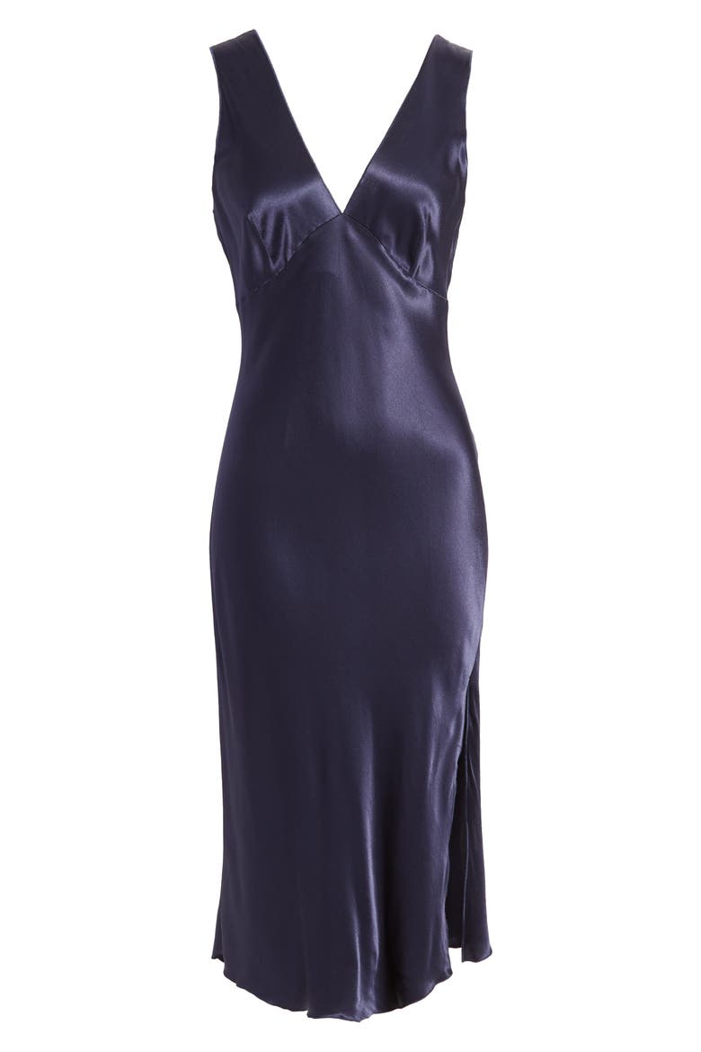Monique Sleeveless Asymmetric Hem Satin Dress, Alternate, color, NAVY