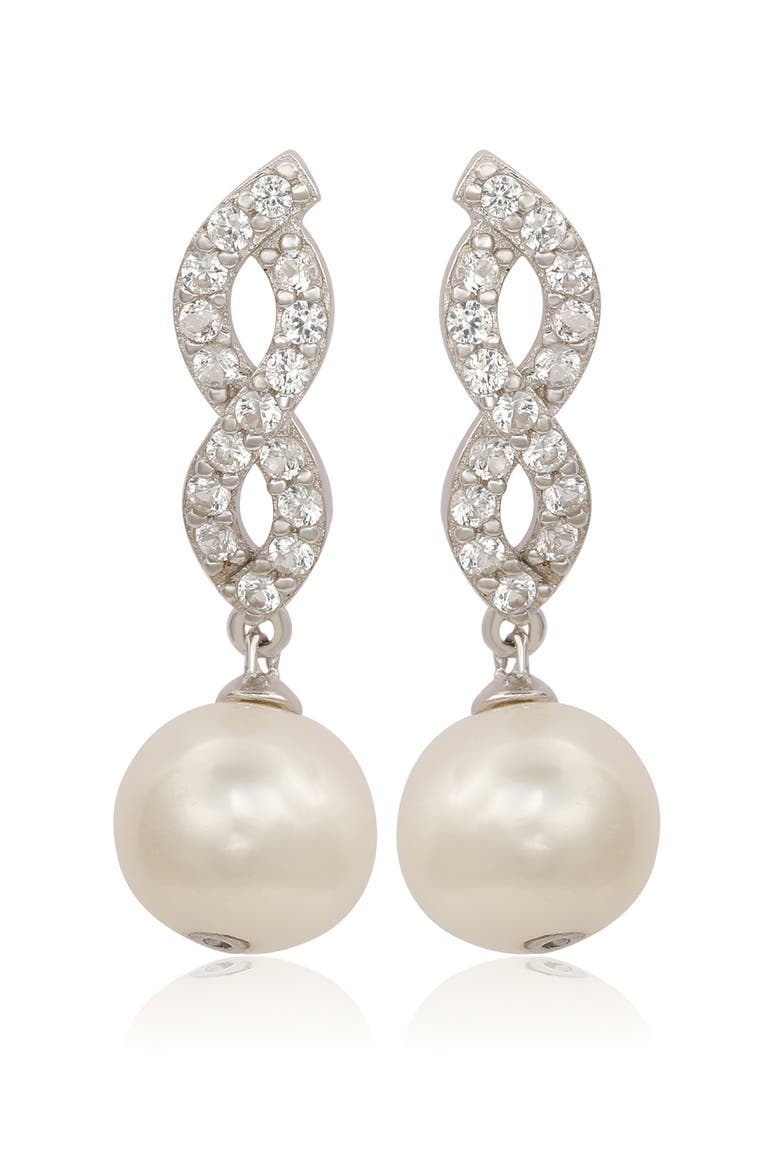 Sterling Silver Freshwater Pearl & Lab Grown White Sapphire Drop Earrings, Main, color, WHITE