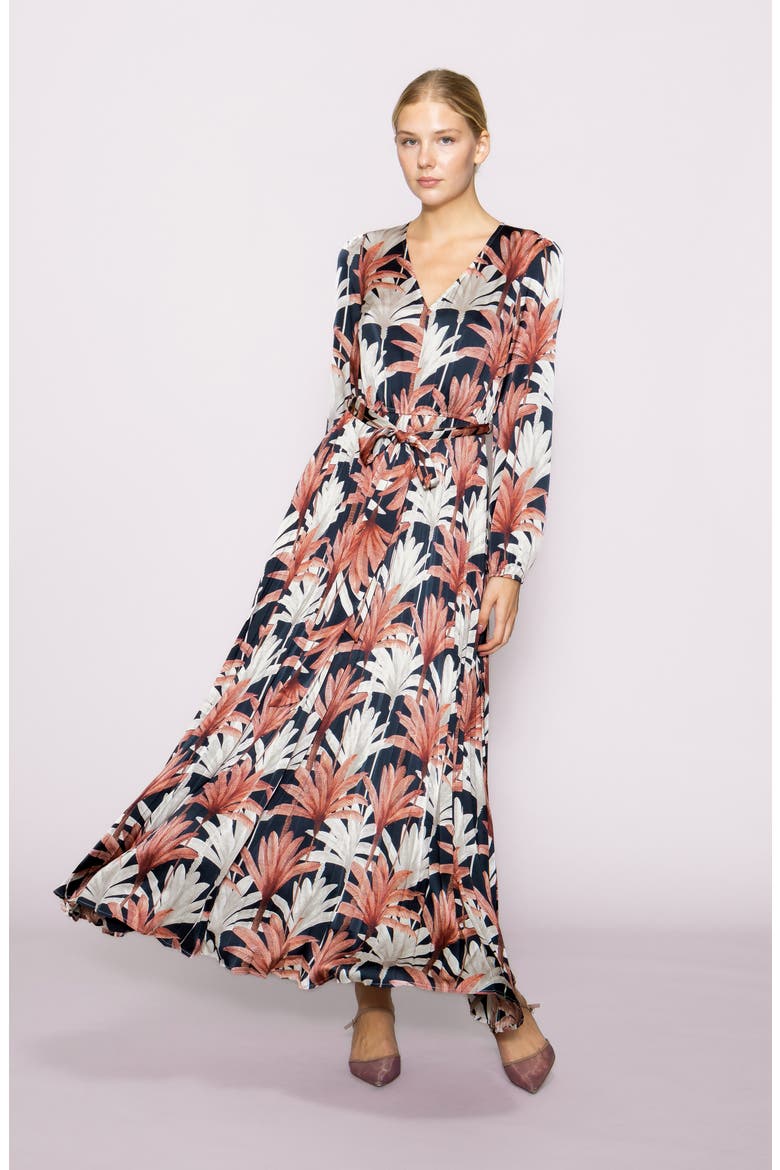 Botanical Tie Waist Pleated Maxi Dress, Alternate, color, NAVY MULTI LEAF