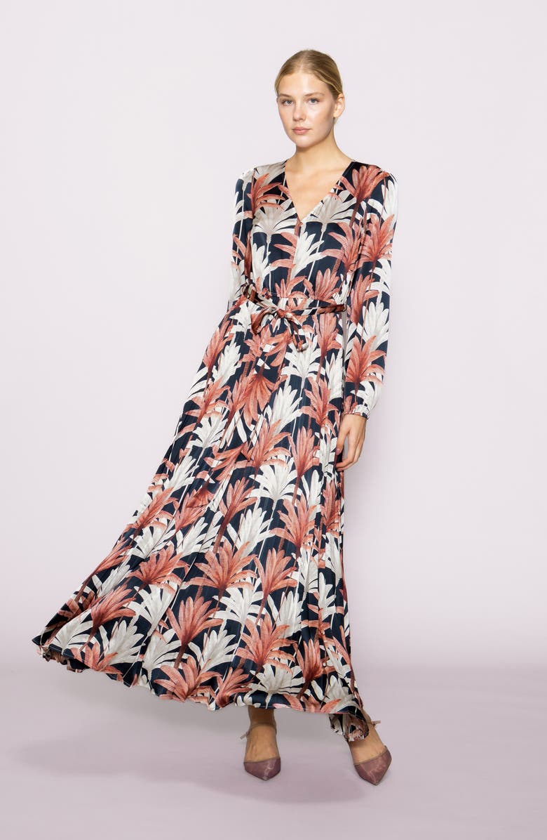 MELLODAY Botanical Tie Waist Pleated Maxi Dress, Alternate, color, Navy Multi Leaf