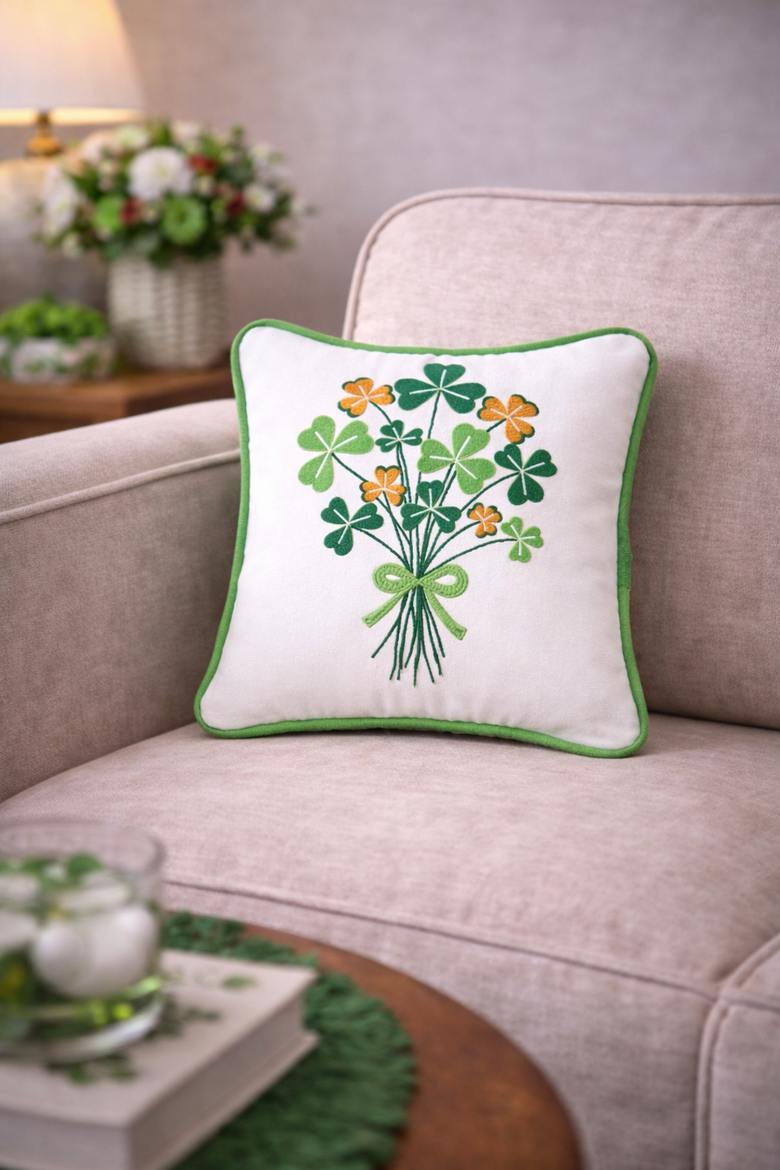 St. Patrick's Day Shamrock Bouquet Embroidered Mini Cotton Accent Pillow, 10" x 10", Alternate, color, Green