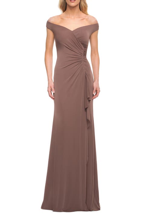Off the Shoulder Ruched Jersey Gown