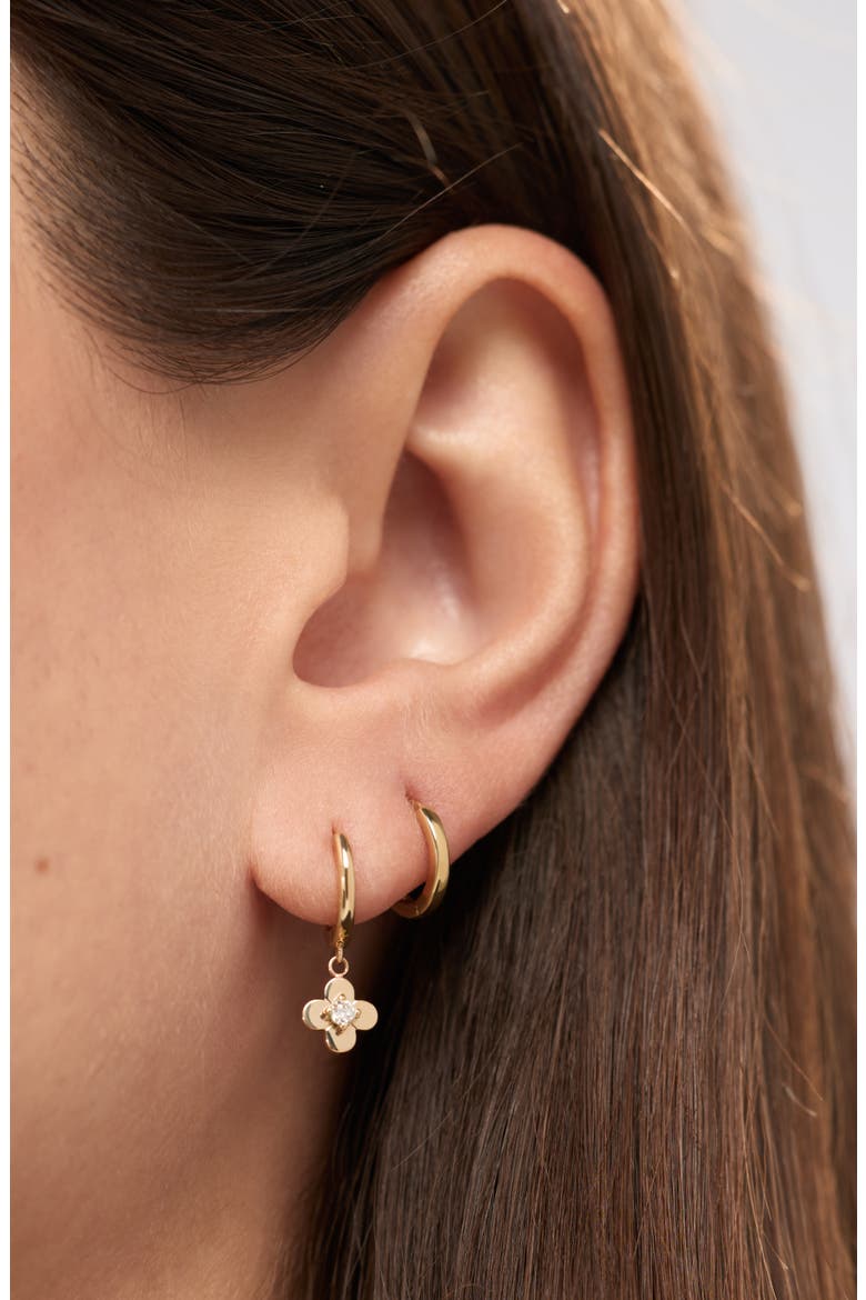 Solid Yellow Gold - Mini Flower Drop Earrings, Alternate, color, Diamond